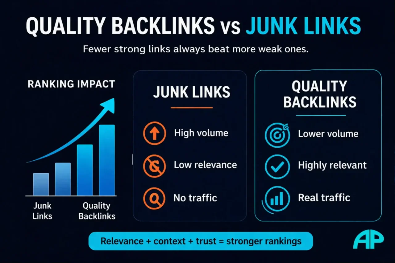Infographic comparing quality backlinks and junk links with a ranking impact graph, key stats, and side by side panels showing why stronger, relevant links outperform weak link volume.