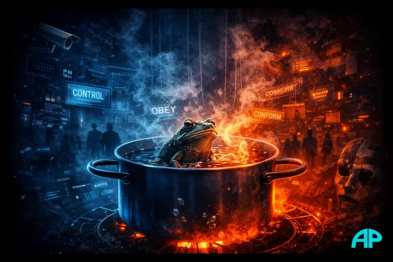 The Frog in Boiling Water image showing a calm frog in a heating pot surrounded by symbols of surveillance, control, conformity, and gradual manipulation