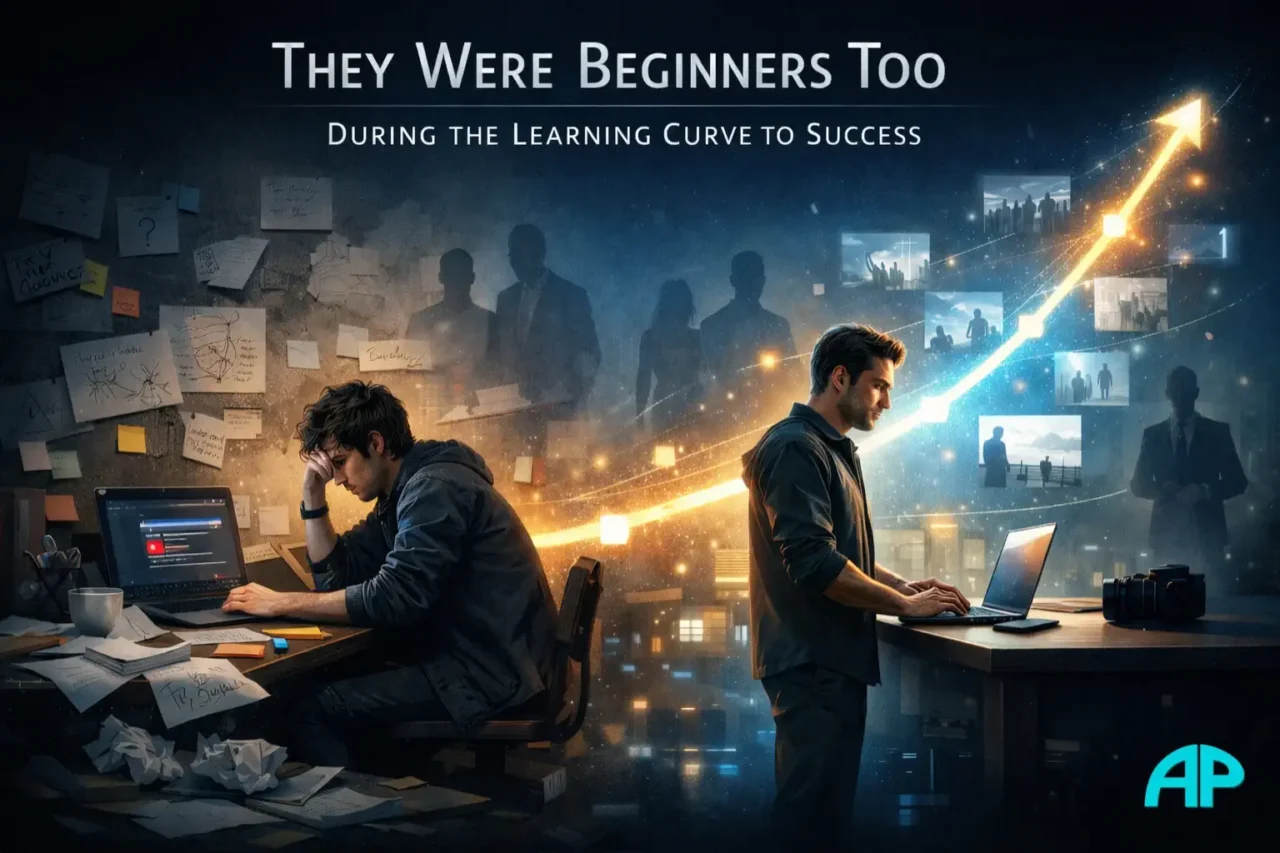 A cinematic digital illustration showing a man in the awkward beginner stage on the left and a more capable, focused version of himself on the right, connected by a glowing upward learning curve that symbolises growth through struggle.