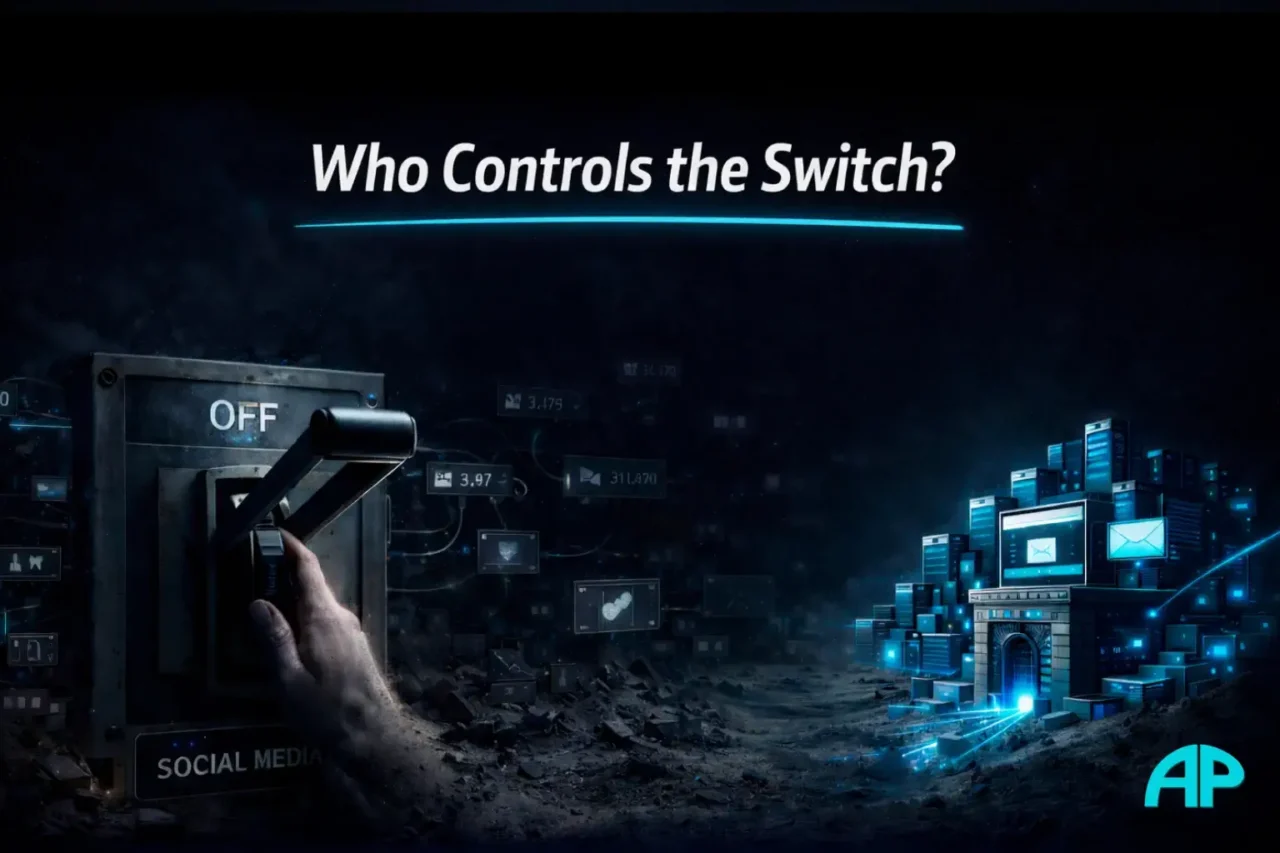 A hand flips off a power switch linked to social media systems while an independent digital foundation stays lit in the background under the title Who Controls the Switch?
