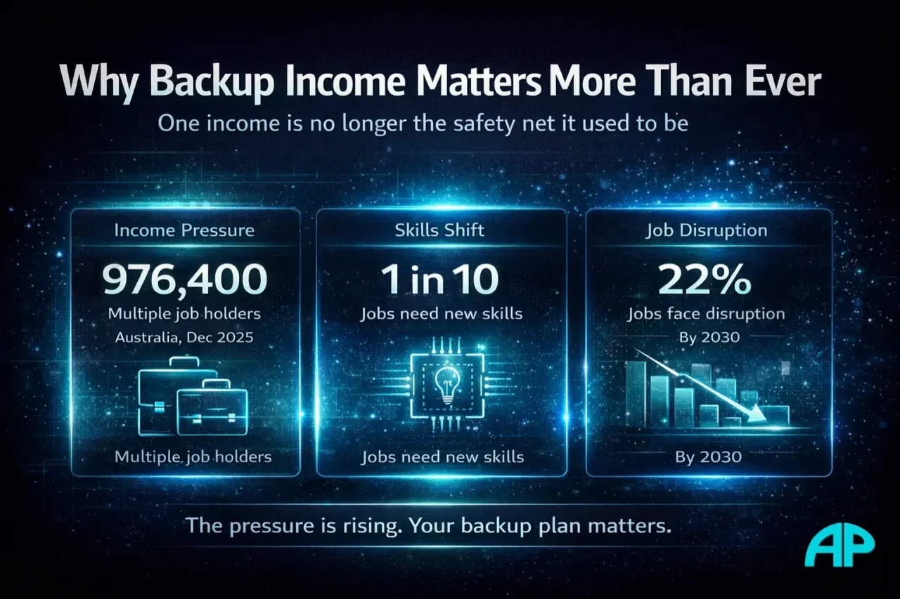 Infographic showing why backup income matters more than ever, with statistics on multiple job holders, changing skill demands, and job disruption.