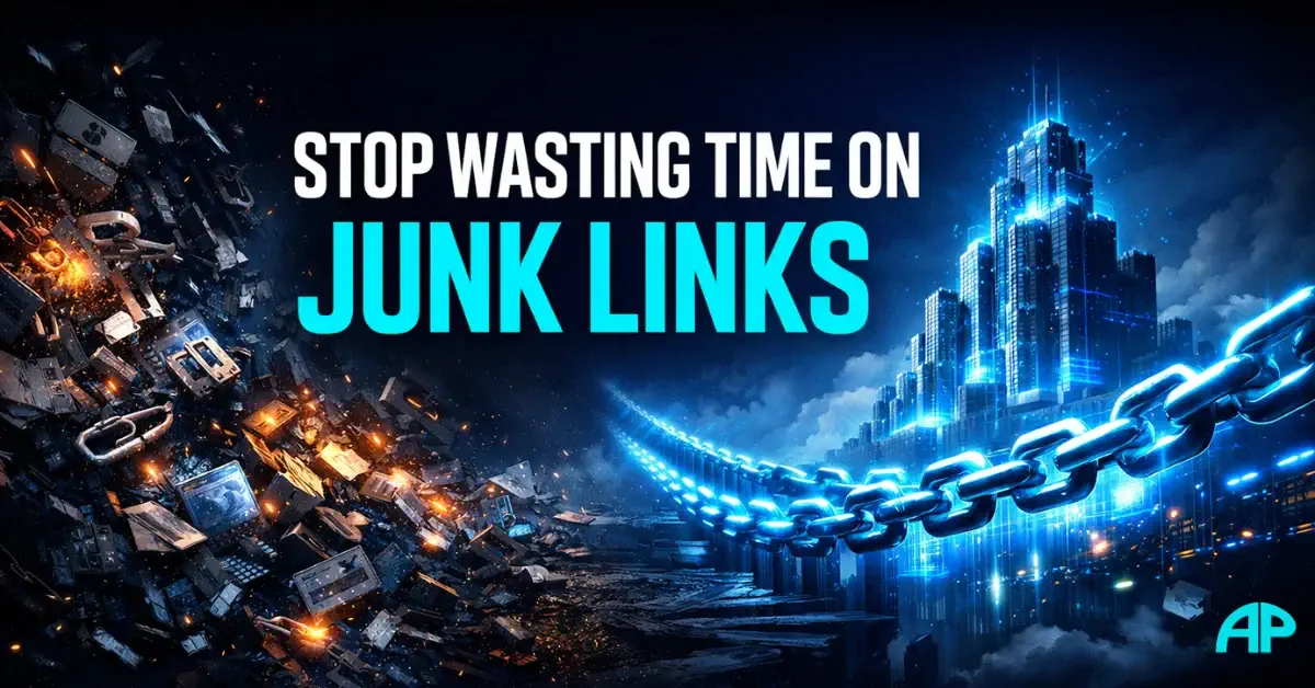 Cinematic digital illustration showing the contrast between chaotic junk links and strong authority pathways, highlighting the value of quality backlinks.