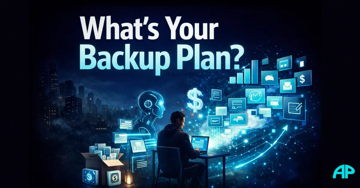 A man works at a glowing laptop surrounded by digital symbols, charts, and AI-inspired visuals representing secondary income for beginners in an uncertain world.