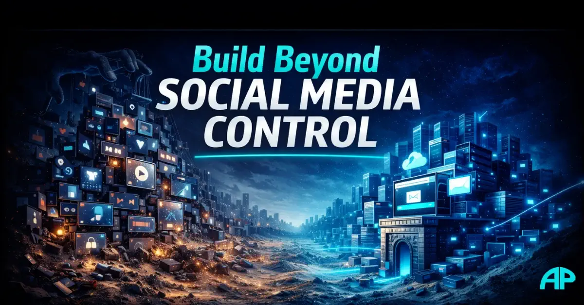 Social media control concept image showing a collapsing digital empire of rented platforms beside a stronger self-owned digital foundation, with bold futuristic typography.