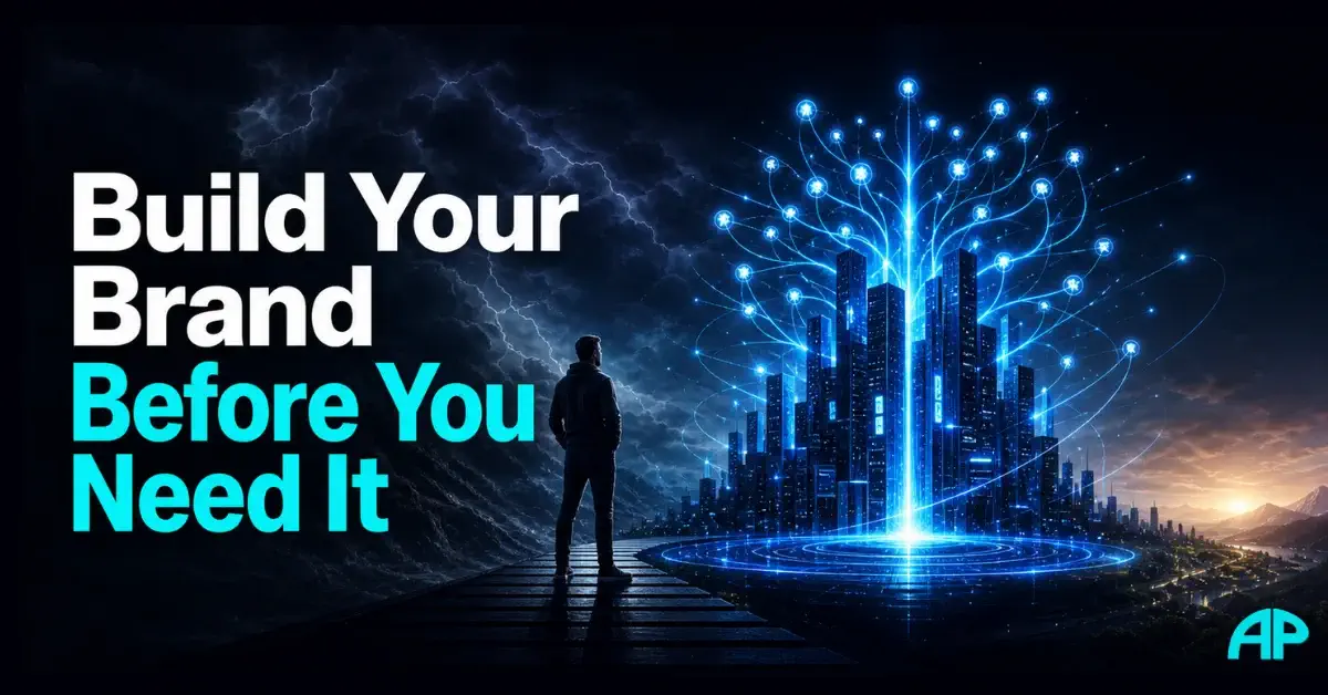 Build Your Brand Before You Need It concept image showing a man facing a glowing digital city that represents trust, digital assets, and future freedom