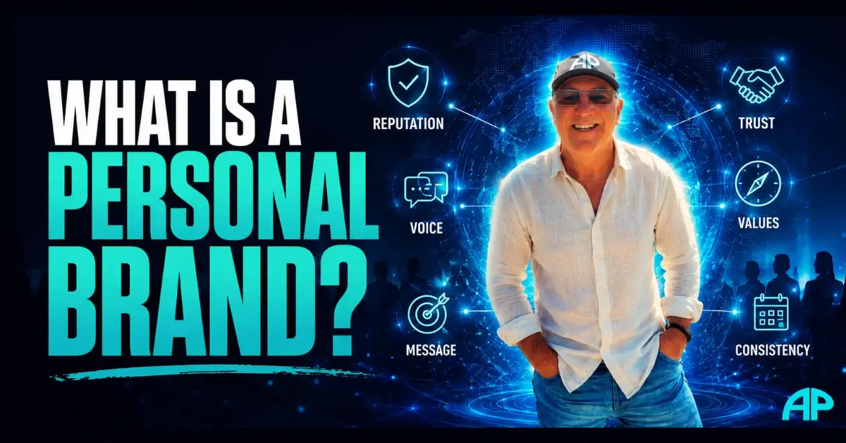 What Is a Personal Brand featured image showing Andrew in a white linen shirt standing in a digital blue branding environment with icons for trust, values, message, voice, consistency, and reputation.