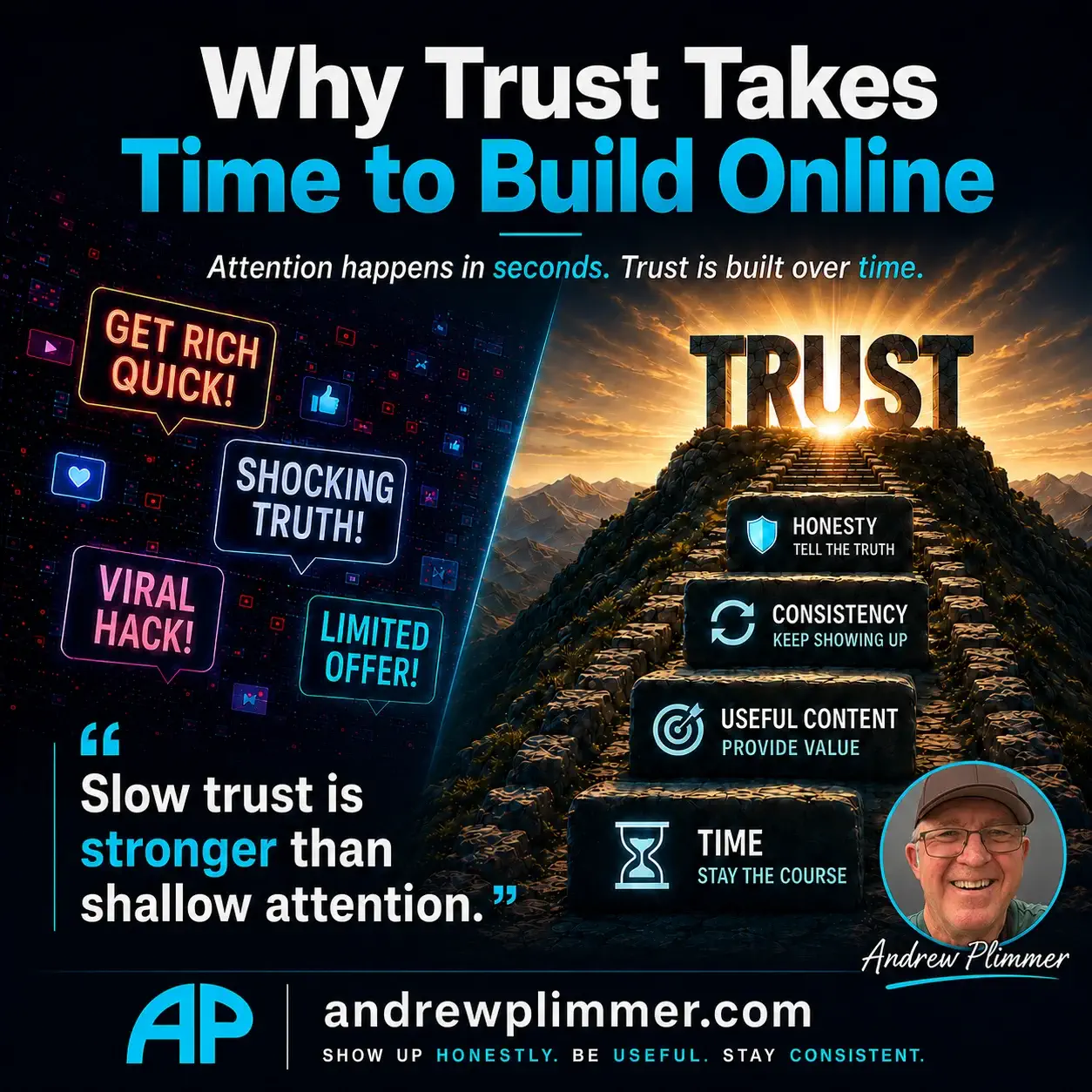 Why trust takes time to build online infographic showing the journey from attention to trust through honesty, consistency, useful content, and time.