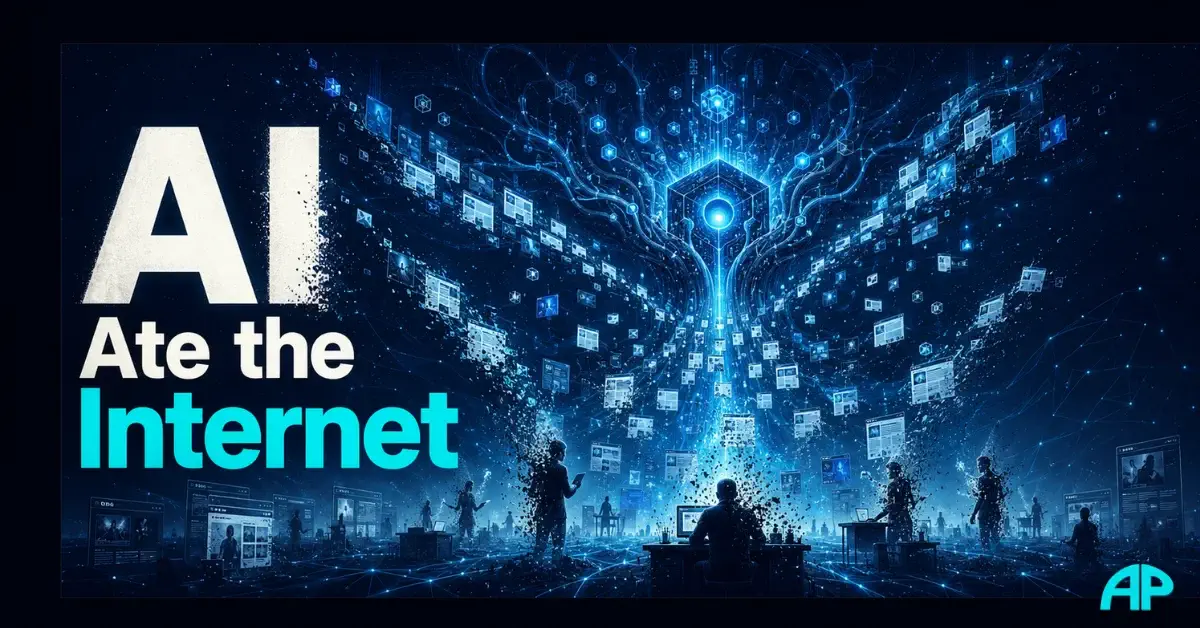 A futuristic illustration showing AI consuming websites and digital content, symbolising the tension between AI search and website traffic.