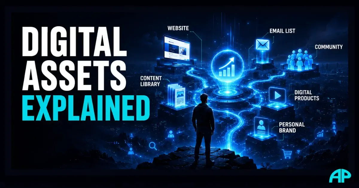 Digital Assets Explained featured image showing a futuristic digital ecosystem with a website, content library, email list, community, digital products, and personal brand connected as valuable online assets.