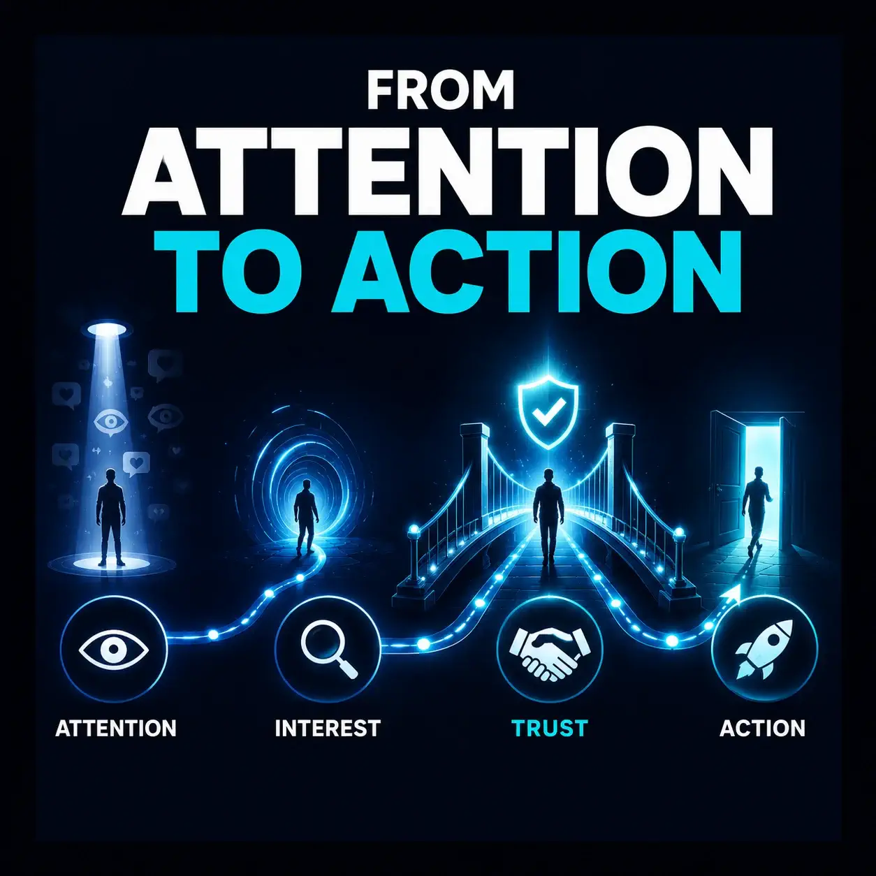 From Attention to Action infographic showing the journey from attention to interest, trust, and action, with trust shown as the bridge that creates belief.