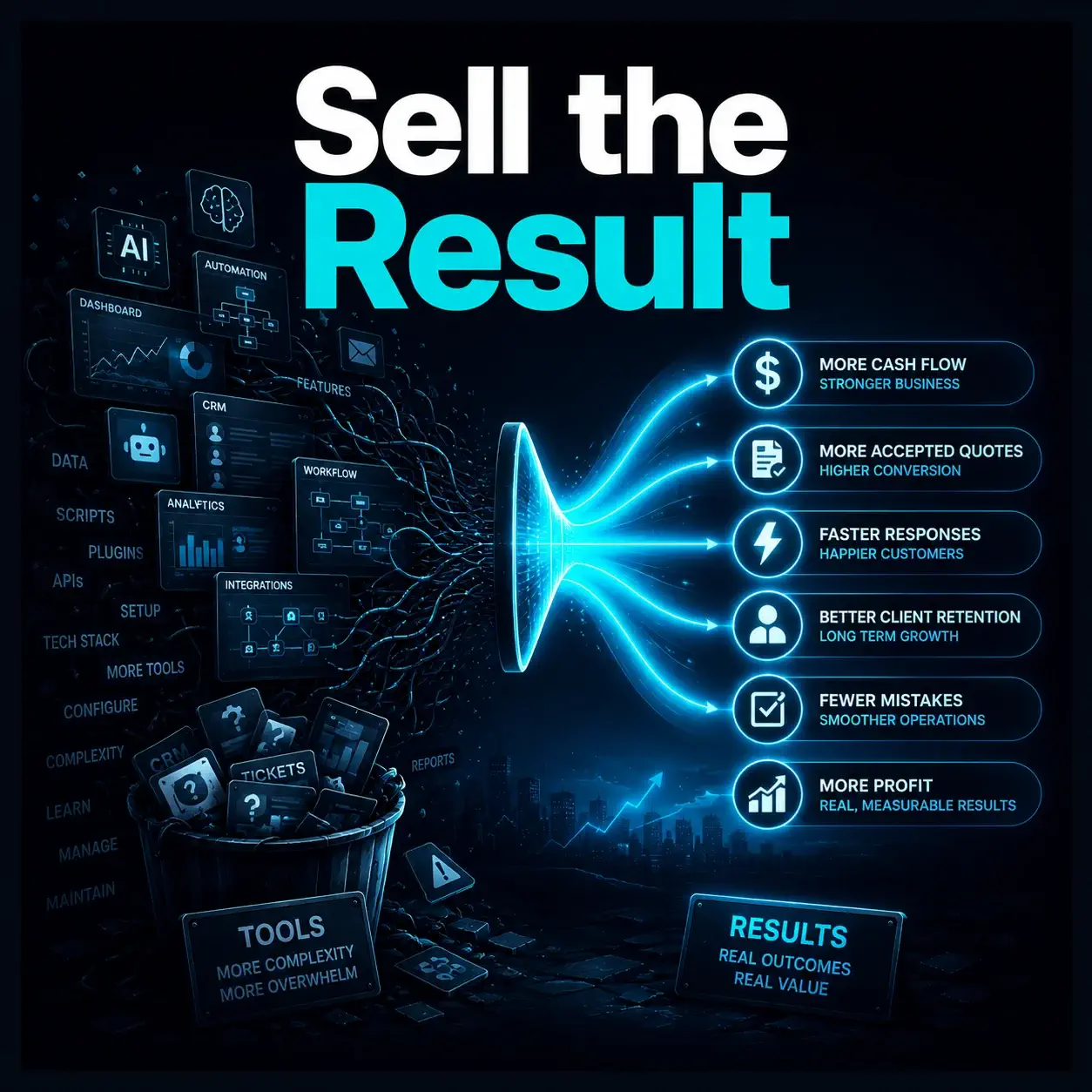 Sell the Result graphic contrasting complicated AI tools and dashboards with clear business outcomes such as cash flow, faster responses and client retention.