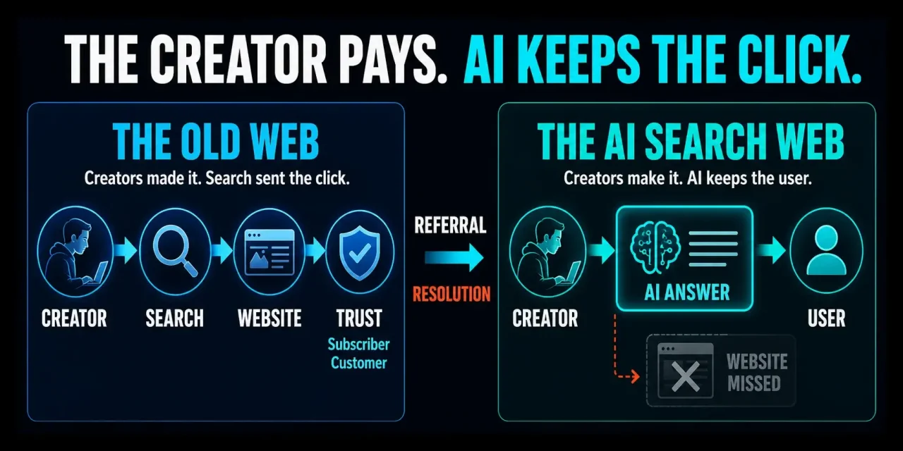 Infographic comparing the old web with AI search, showing how creators once received website traffic while AI now keeps users on the platform.