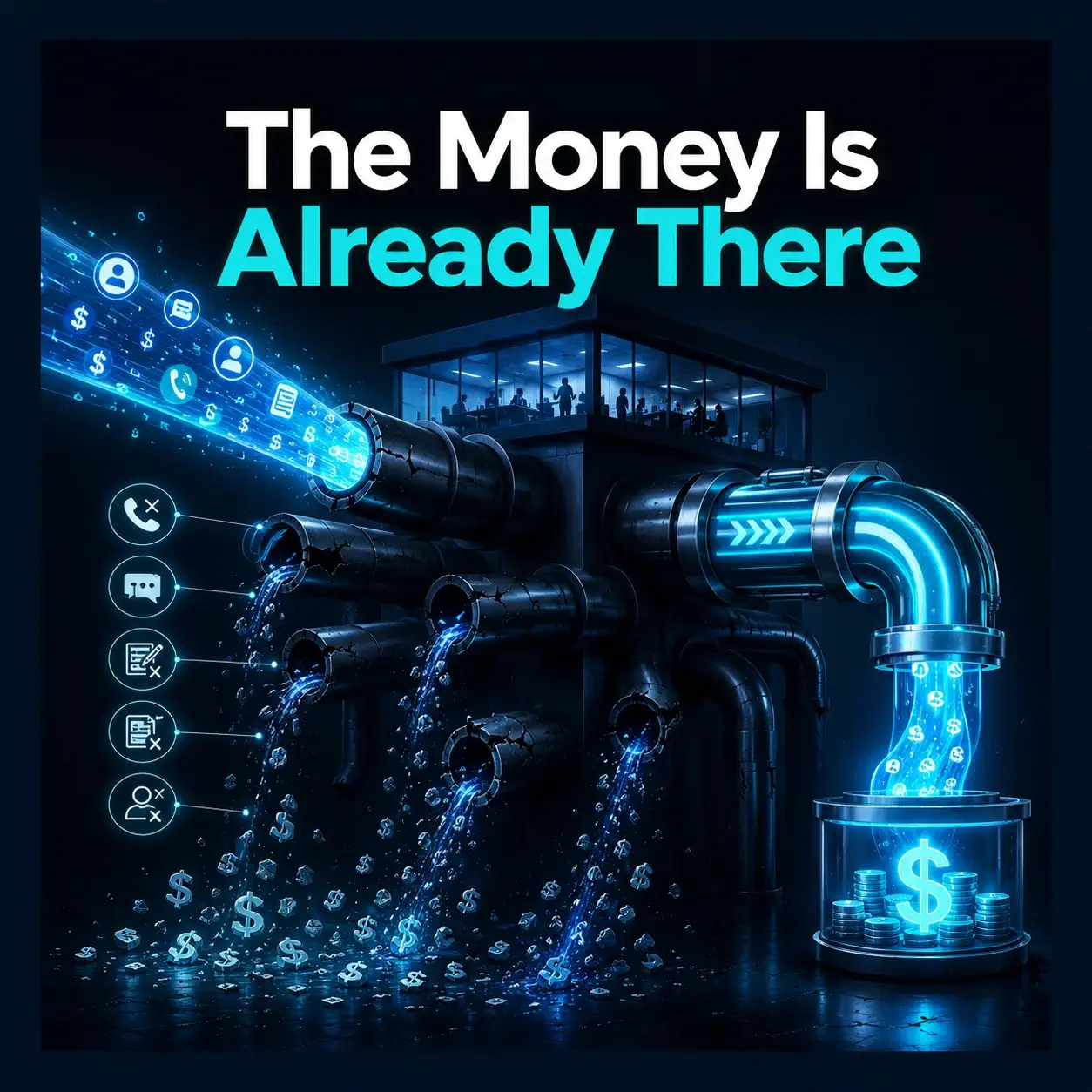 Glowing business pipelines show missed leads and leaking revenue being redirected into a stronger revenue recovery system.
