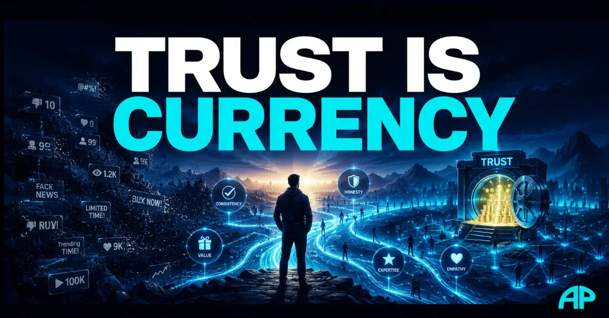 Trust Is Currency featured image showing digital trust flowing through a futuristic online landscape, with credibility, honesty, consistency, value, and empathy represented as trust signals.