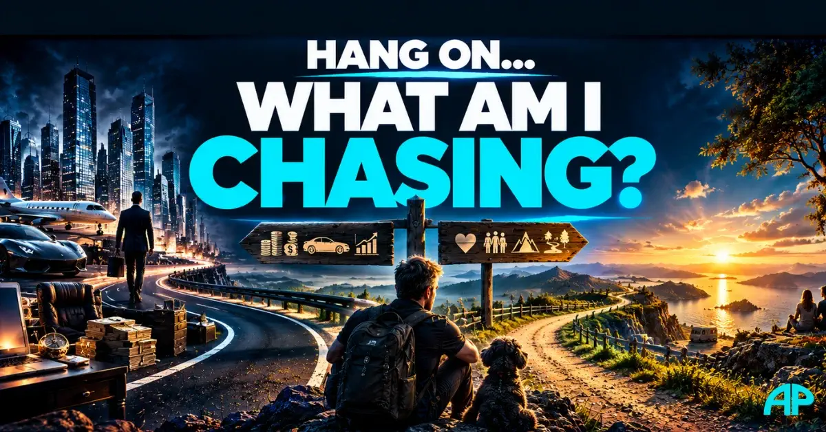 Man at a crossroads questioning what makes a successful life, choosing between material success and a life of purpose, love, freedom and meaning.