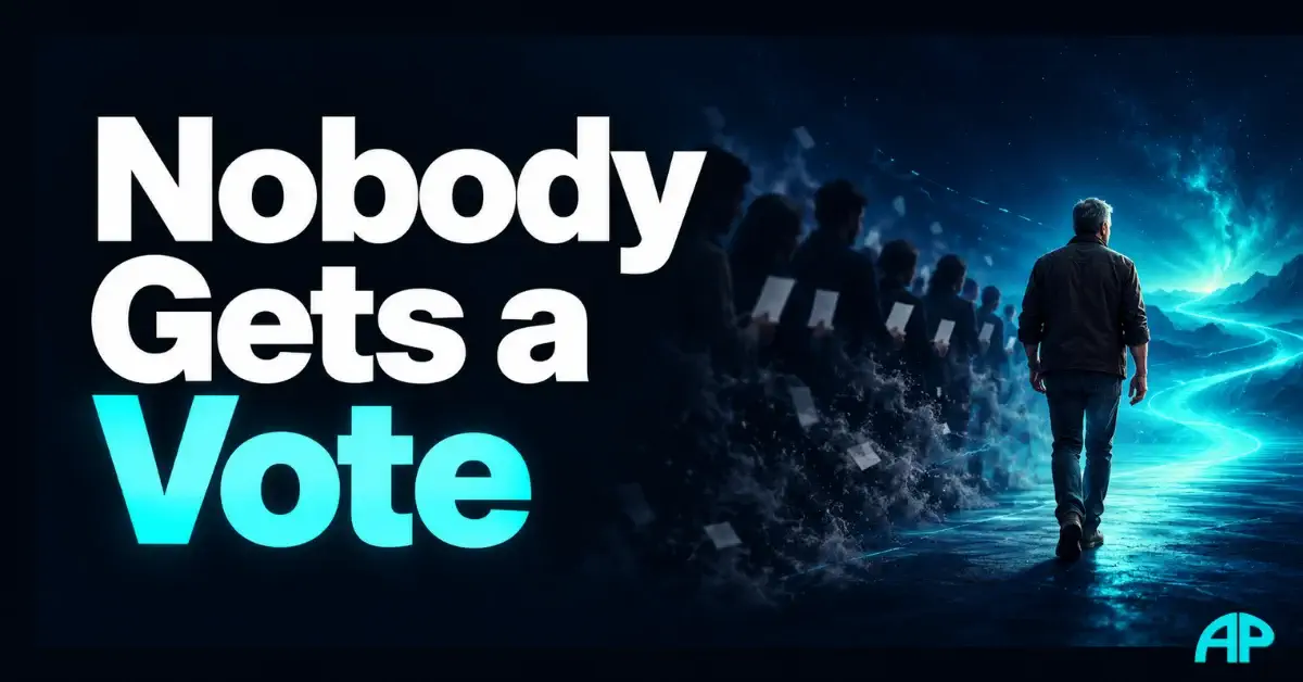A man walks away from a fading crowd towards a turquoise-lit path beneath the words “Nobody Gets a Vote.”