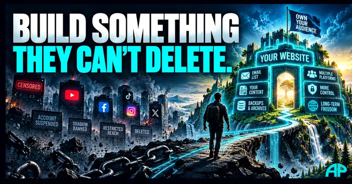 Social media censorship illustration showing a creator leaving restricted social platforms to build an independent website, email list and content archive.