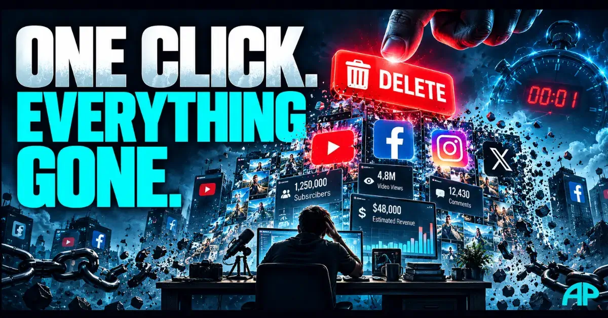 Social media censorship illustration showing a creator losing videos, subscribers and income as a giant DELETE button wipes out their online presence.