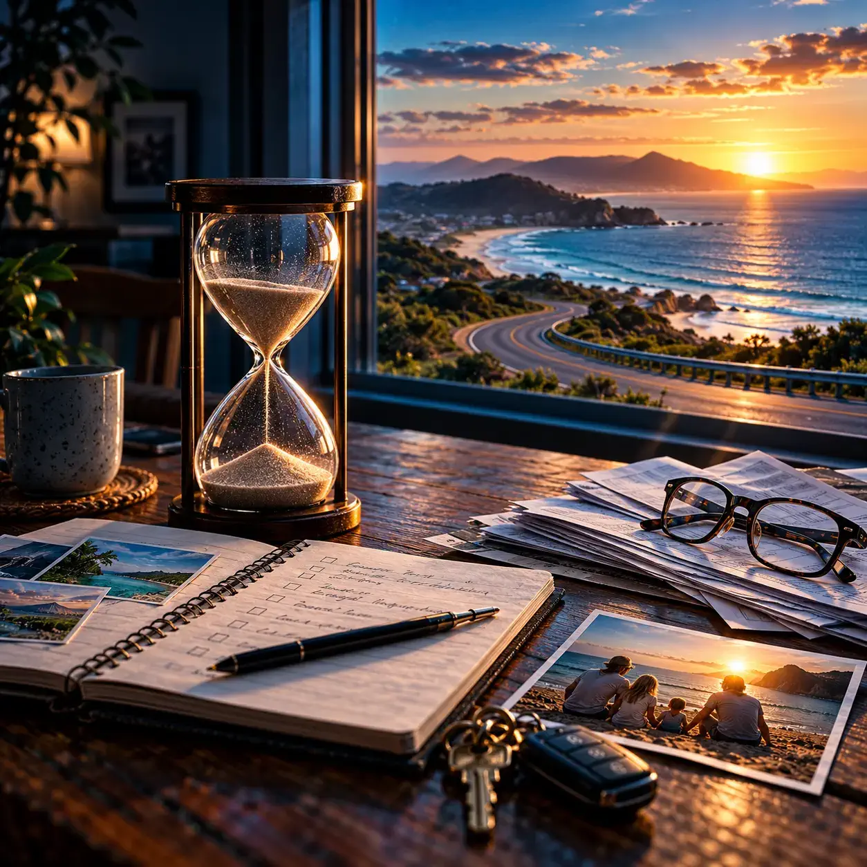 Hourglass surrounded by bills, personal dreams and family photographs overlooking a coastal sunset, symbolising lost time, financial pressure and postponed ambitions.